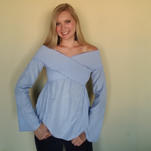 Valley Girl Tops - Light blue off the shoulder ruffled top